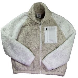 Sage Sherpa Jacket‎ Womens Medium Y2K Boxy Faux Lamb Cell Pocket Color Block